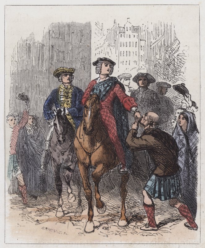 The Young Chevalier Entering Edinburgh (farget gravering) av English School