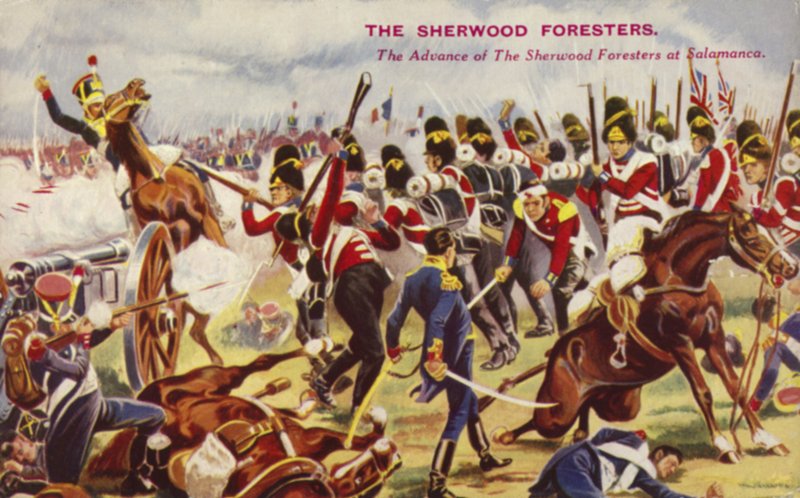 Fremrykningen av Sherwood Foresters i slaget ved Salamanca, Spania, halvøykrigen, 1812 av English School