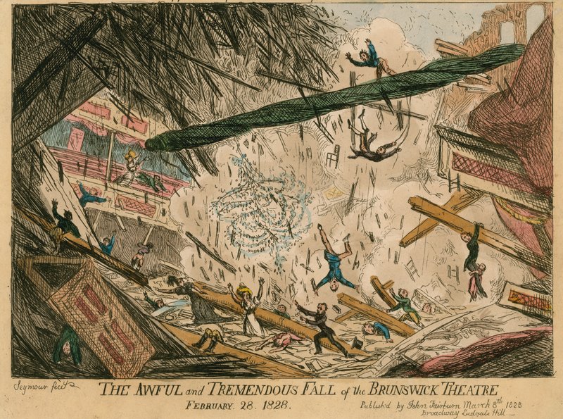 Det forferdelige og enorme fallet til Brunswick Theatre, London, 28. februar 1828 av English School