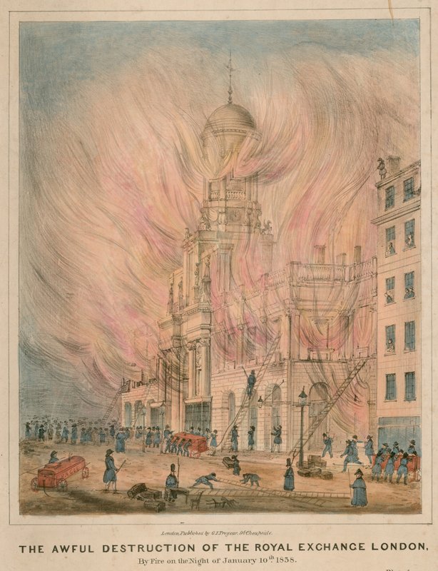 Den forferdelige ødeleggelsen av Royal Exchange, London, ved brann natt til 10. januar 1838 av English School