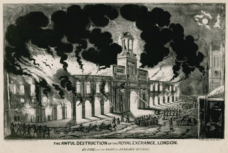 Den forferdelige ødeleggelsen av Royal Exchange, London, ved brann natt til 10. januar 1838 av English School