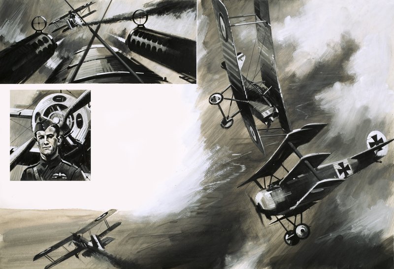 Kampen mellom britiske SE5-er og Werner Voss i hans Fokker-triplan av English School