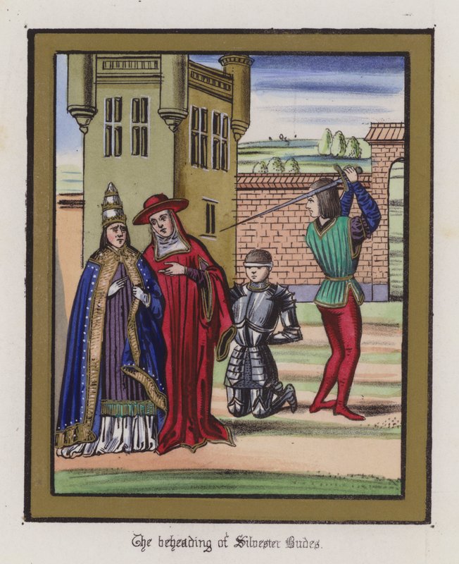 Halshuggingen av Sir Silvester Budes (farget gravering) av English School