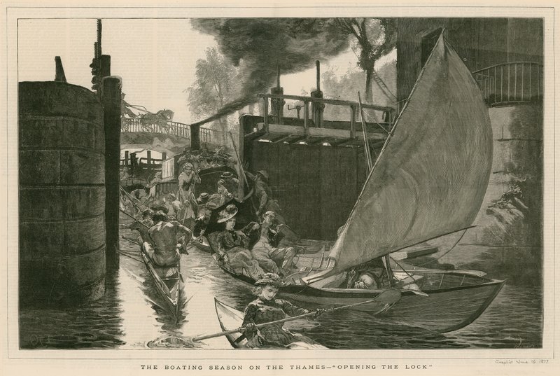 Båtsesongen på Themsen - åpning av slusen (gravering) av English School