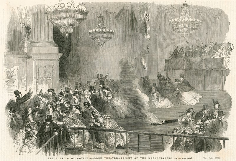 Brenningen av Covent Garden Theatre, London - flyvningen til Masqueraders av English School