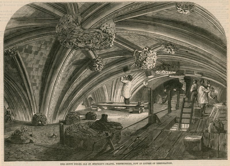 Krypten under det gamle St Stephens Chapel, Westminster, er nå under restaurering av English School