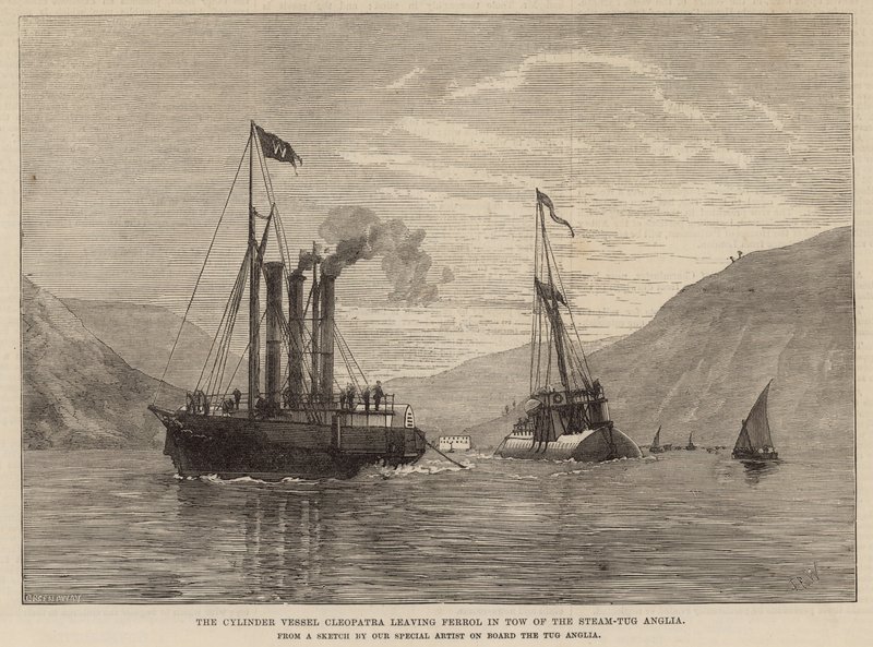 Sylinderfartøyet Cleopatra forlater Ferrol på slep av steam-Tug Anglia av English School