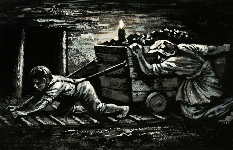 Den mørke siden av den industrielle revolusjonen: barnearbeid (gouache på papir) av English School