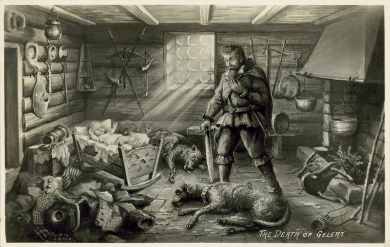 Døden til Gelert, Llewellyns hund, scene fra William Robert Spencers dikt Beth Gelert; eller graven til Greyhound (litho) av English School
