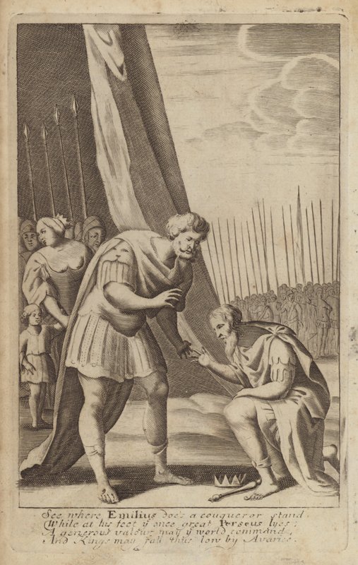 Den beseirede Perseus ved føttene til Lucius Aemilius Paullus i de makedonske krigene (gravering) av English School