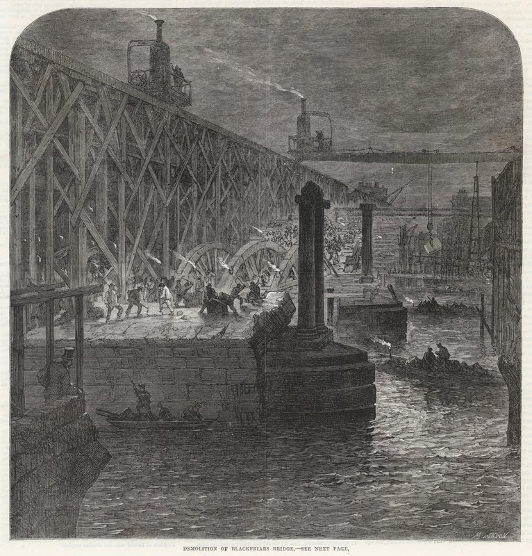 Rivingen av Blackfriars Bridge av English School