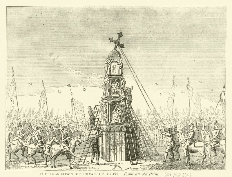 Rivingen av Cheapside Cross, fra et gammelt trykk av English School