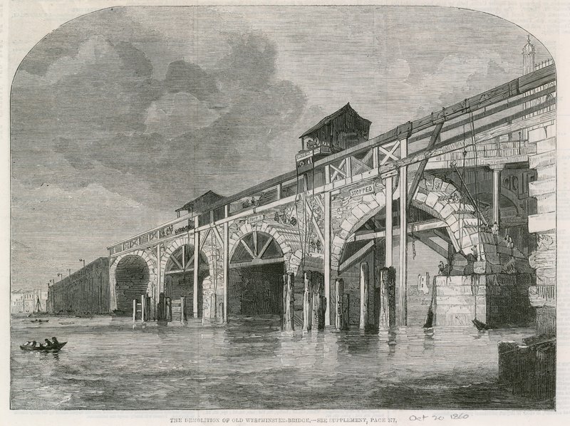 Rivingen av Old Westminster Bridge av English School