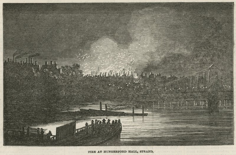 Ødeleggelsen ved brann av Hungerford Hall, Strand, London av English School