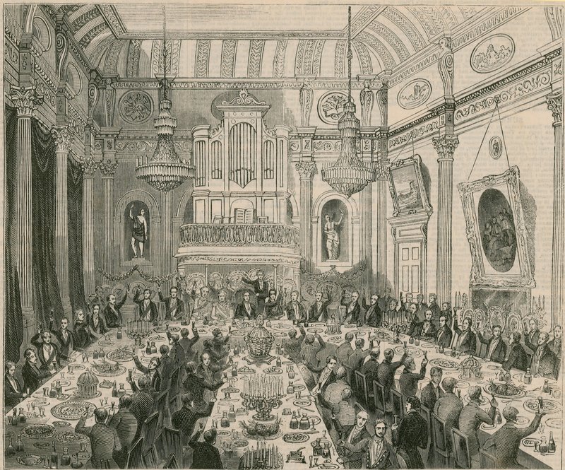 Middagen gitt til Sir H Hardinge av East India Company, London Tavern, 1844 av English School