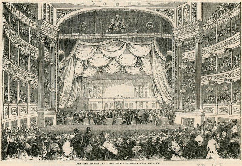 Tegningen av Art Union-prisene på Drury Lane Theatre i 1843 av English School