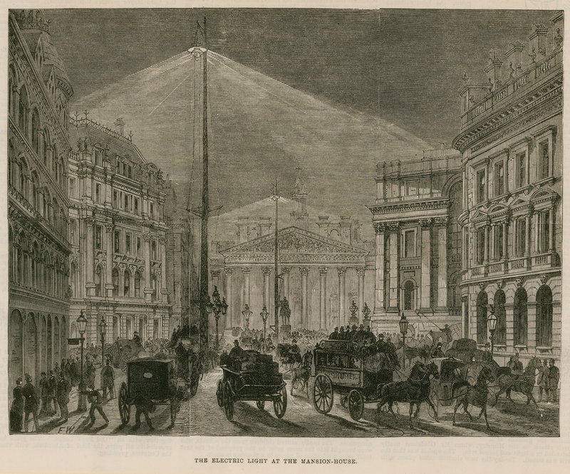 Det elektriske lyset ved Mansion House, London av English School