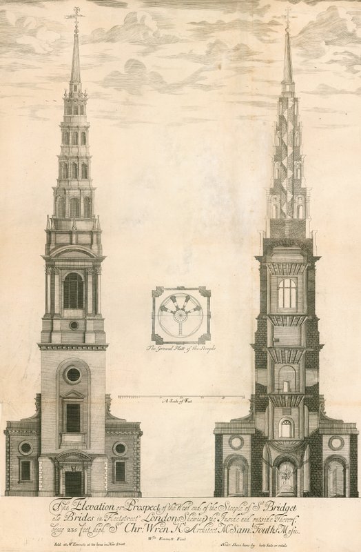 Høyden og utsikten til vestenden av tårnet til St Brides-kirken i Fleet Street, London av English School