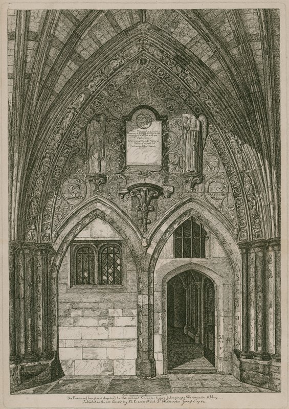 Inngangen fra østklosteret til det gamle Chapter House, Westminster Abbey, London av English School