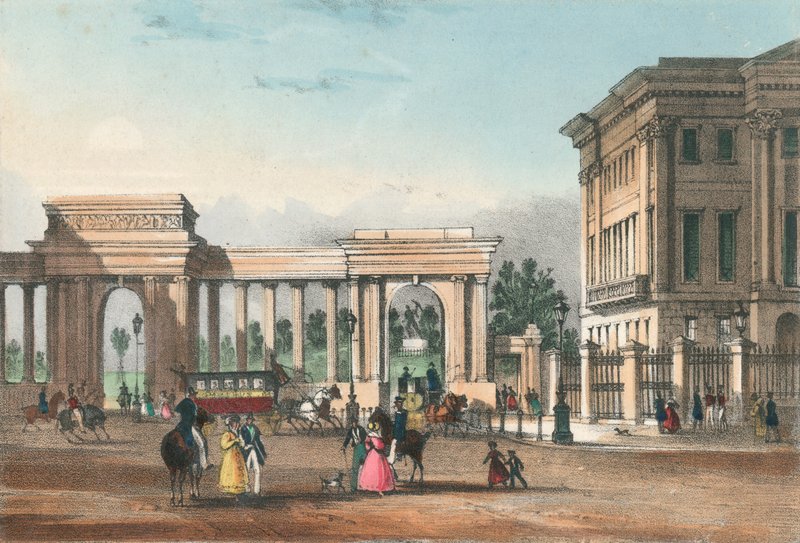 Inngangen til Hyde Park fra Piccadilly med West Wing of Apsley House av English School