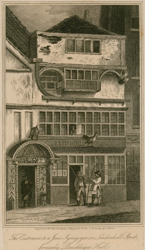 Inngangen til en jødesynagoge i Leadenhall Street, London, tidligere Bricklayers Hall av English School