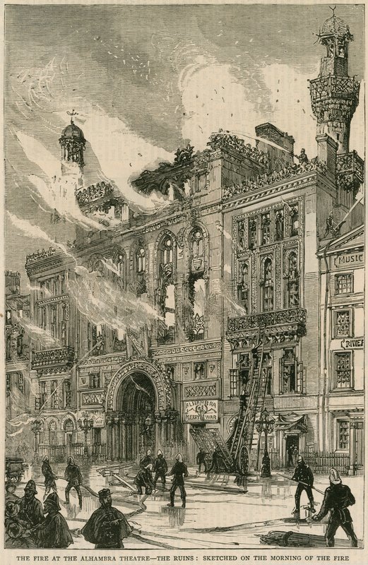 Brannen ved Alhambra Theatre - ruinene, skissert brannmorgenen, 7. desember 1882 av English School