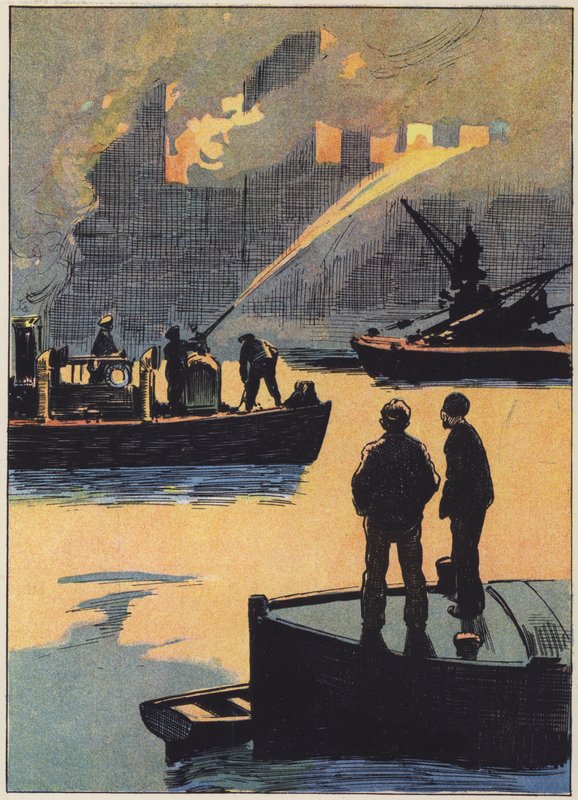Brannvesenet på jobb på elven (farge litho) av English School