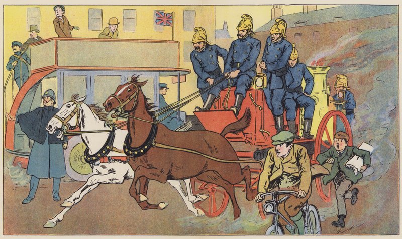 Brannbilen løper til unnsetning (farge litho) av English School