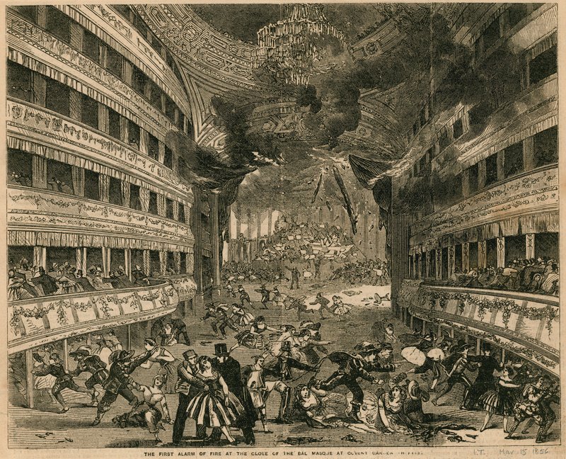 Den første brannalarmen ved avslutningen av Bal Masque ved Covent Garden Theatre, London av English School