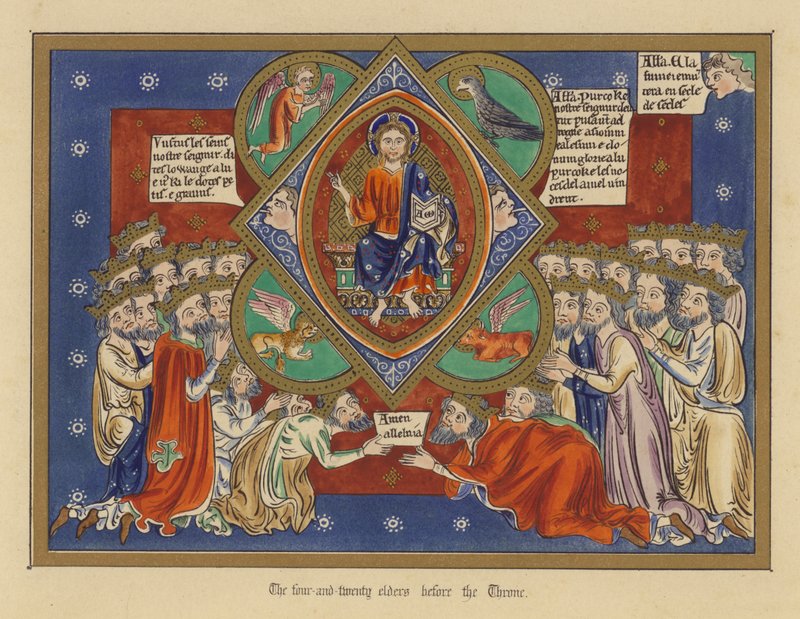 The four-and-twenty elders before the Throne (colour litho)   1319861   no       norwegian Successfully Translated  Original: Bandontwerp voor: Jack London, Chechaquo onder de goudzoekers (Chechaquo and old timers), 1958 Translat: Bandontwerp voor: Jack Lo av English School