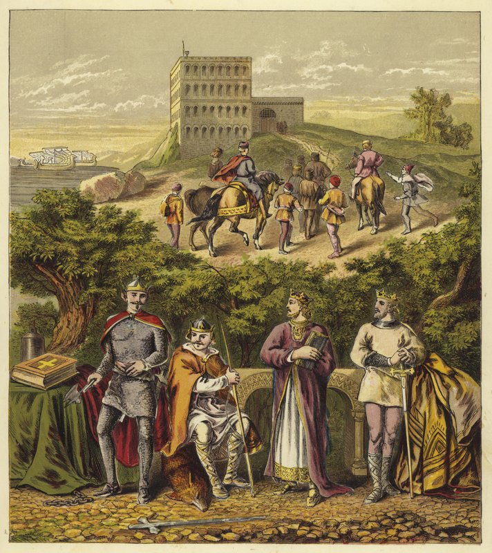 De fire normanniske konger av England; Kong Vilhelm I, Kong Vilhelm II, Kong Henrik I, kong Stefanus av English School