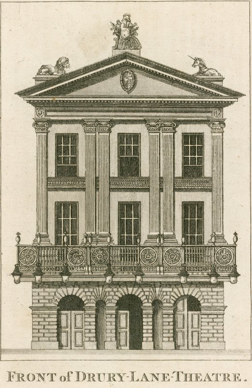Forsiden av Drury Lane Theatre, London av English School