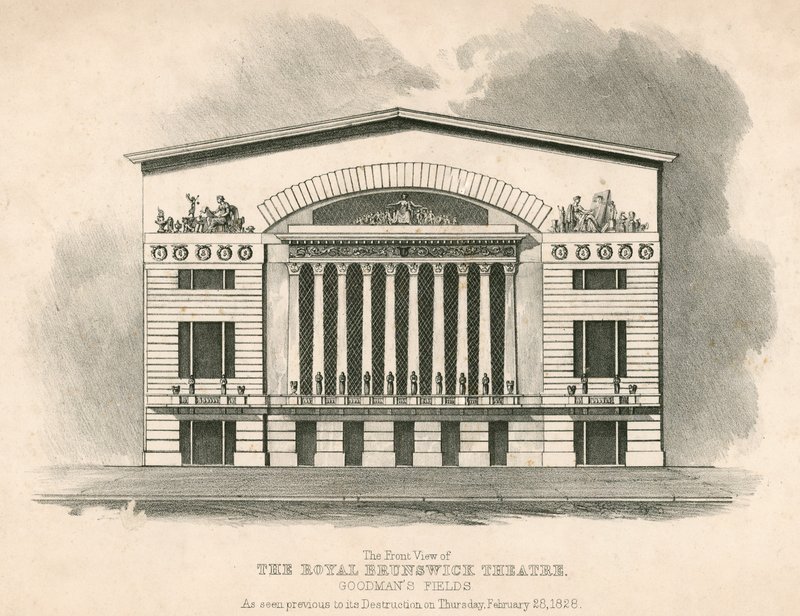 Forsiden av Royal Brunswick Theatre, Goodmans Fields, London av English School