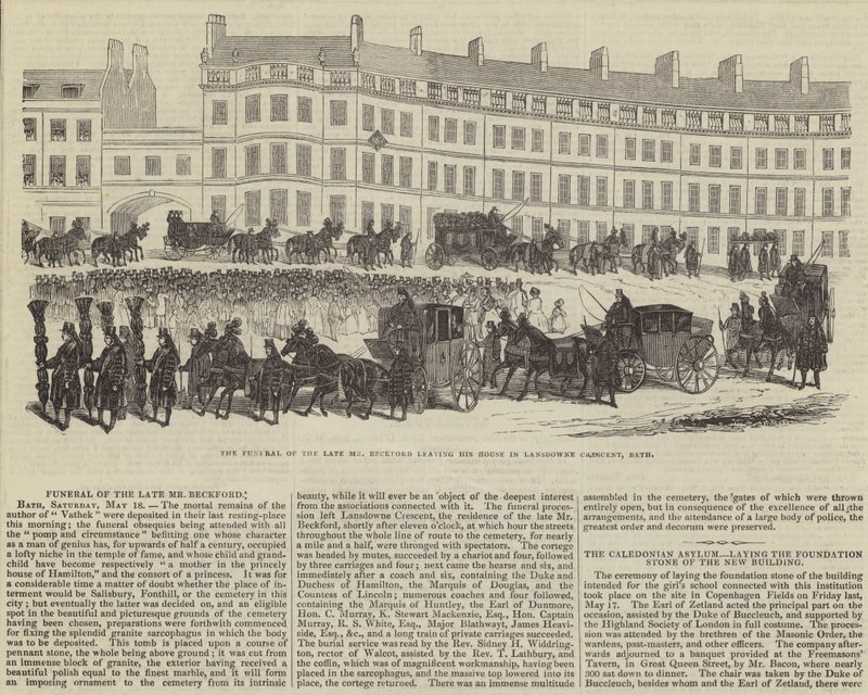 Begravelsen til avdøde Mr William Beckford, som forlot huset sitt i Lansdowne Crescent, Bath (gravering) av English School