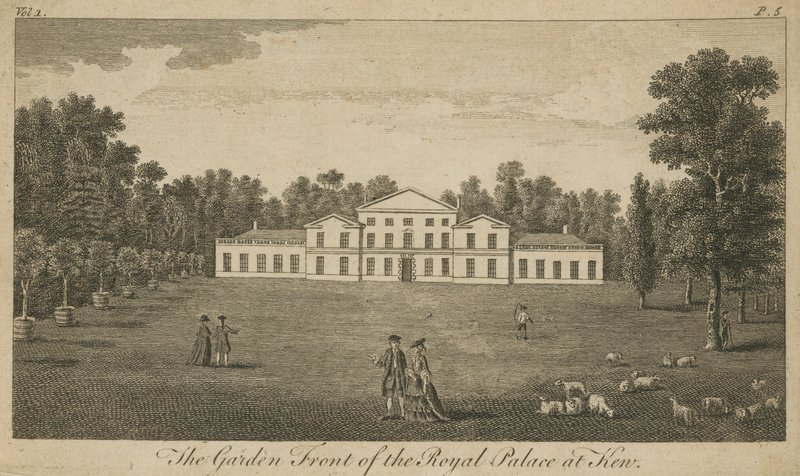 Hagefronten til det kongelige palasset i Kew, London av English School