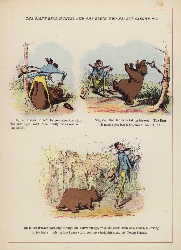 Den gigantiske bjørnejegeren og Bruin som nesten fanget ham (farge litho) av English School
