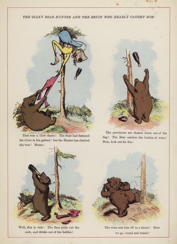 Den gigantiske bjørnejegeren og Bruin som nesten fanget ham (farge litho) av English School