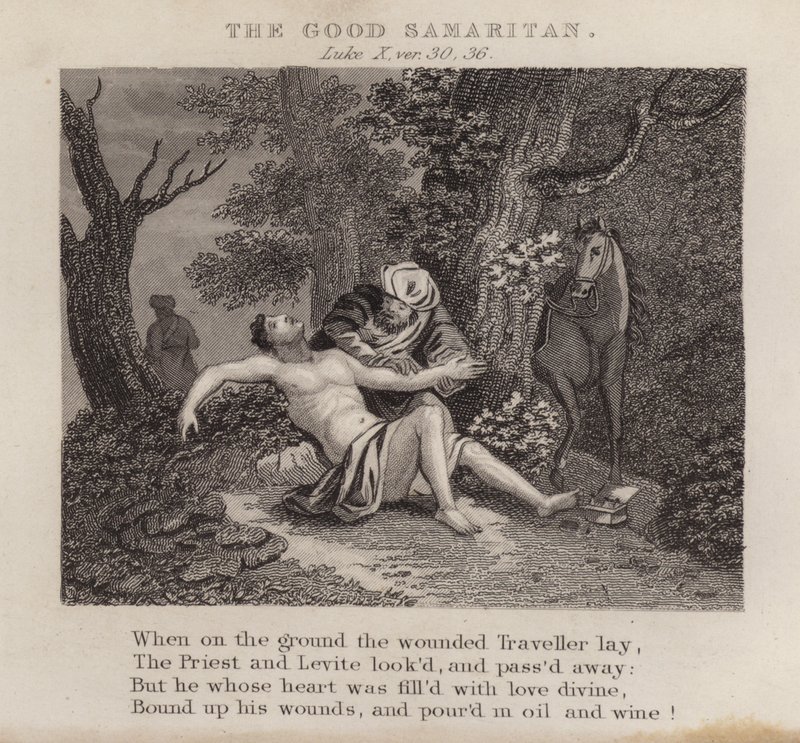 Den barmhjertige samaritan, Lukas X, ver 30, 36 (gravering) av English School