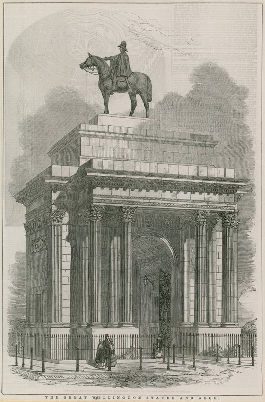 Den store Wellington-statuen og buen, Hyde Park Corner, London av English School