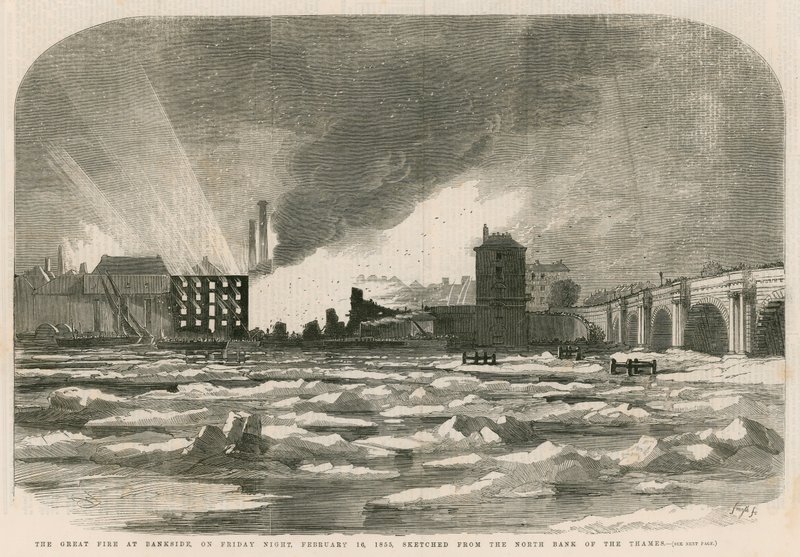 Den store brannen ved Bankside fredag kveld 14. februar 1855, skissert fra nordbredden av Themsen av English School