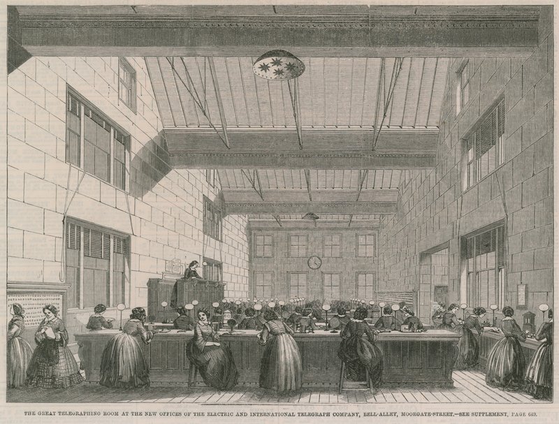 Det store telegraferingsrommet på de nye kontorene til Electric and International Telegraph Company av English School
