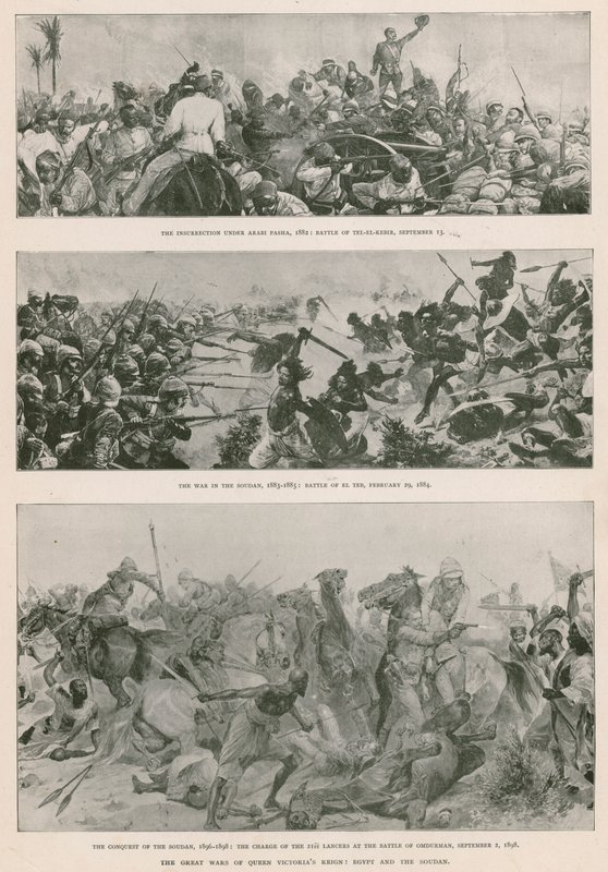 De store krigene under dronning Victorias regjeringstid: den anglo-egyptiske krigen (1882), Mahdist-opprøret (1883-1885) og den britiske erobringen av Sudan (1896-1898) (fotogravyr) av English School