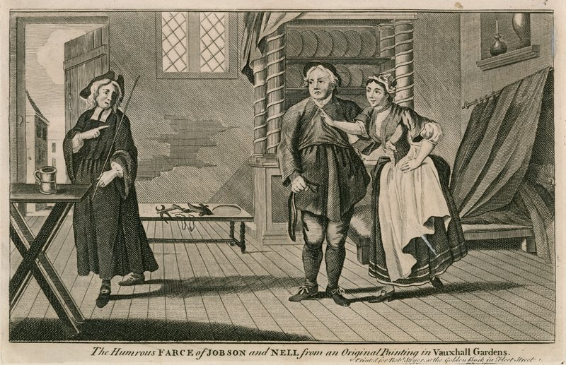 Den humoristiske farsen til Jobson og Nell fra et originalt maleri i Vauxhall Gardens, London av English School