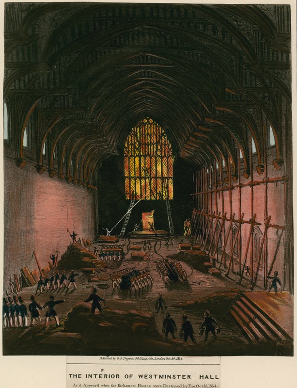 Interiøret i Westminster Hall slik det så ut da parlamentshusene ble ødelagt av brann av English School