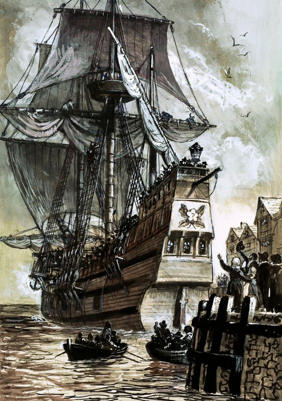 Det siste synet av pilegrimsfedrene var Southampton dock (gouache på papir) av English School
