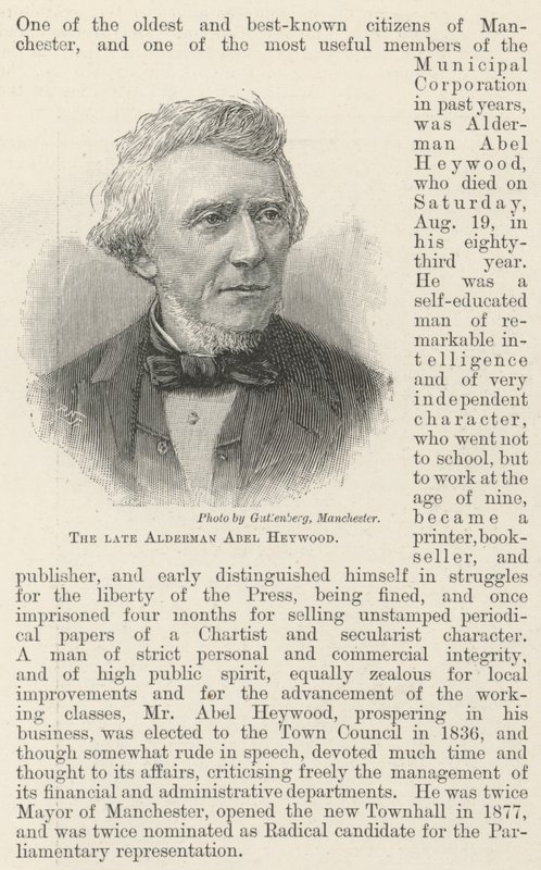 Avdøde rådmann Abel Heywood (gravering) av English School