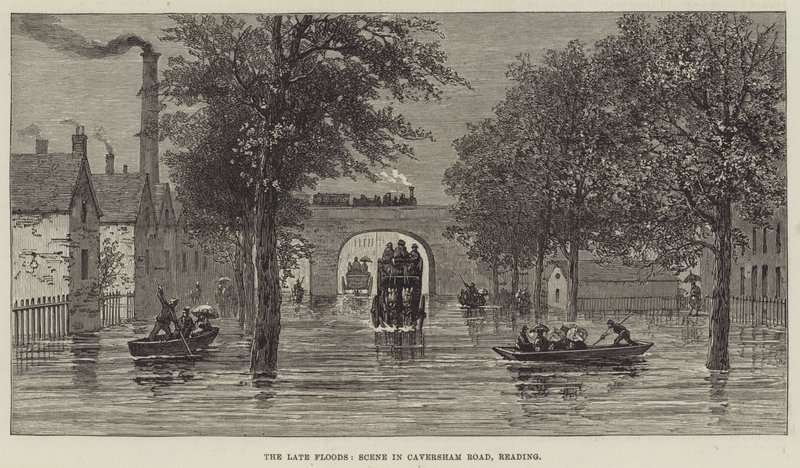The late Floods, scene i Caversham Road, Reading (gravering) av English School