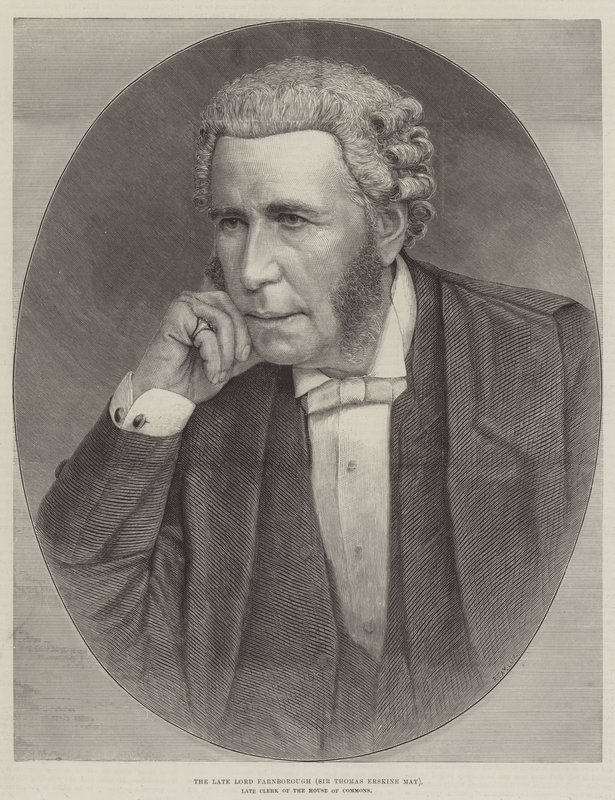 Avdøde Lord Farnborough (Sir Thomas Erskine May), avdøde kontorist i Underhuset (gravering) av English School