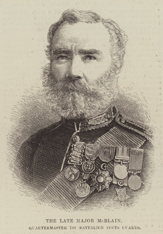Avdøde major McBlain, kvartermester 1. bataljon Scots Guards (gravering) av English School