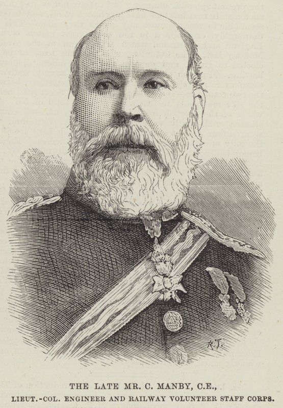 Avdøde Mr C Manby, CE, oberstløytnantingeniør og Railway Volunteer Staff Corps (gravering) av English School